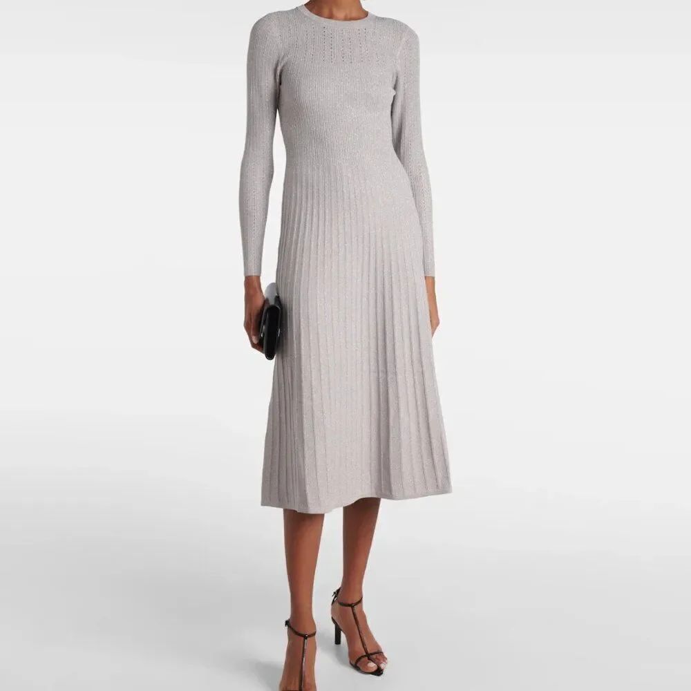 NWT Veronica Beard  Nami Metallic Silver Knit Midi-Dress